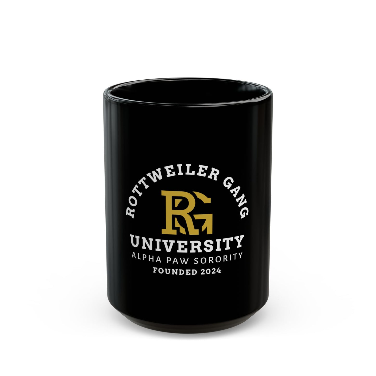 Rottweiler Gang University Coffee Mug — 'Alpha Paw Sorority' Black Ceramic Mug (11oz/15oz)