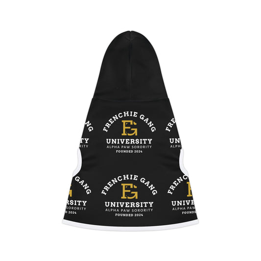 Frenchie Gang University Pet Hoodie — Black Logo Hooded Dog Sweatshirt